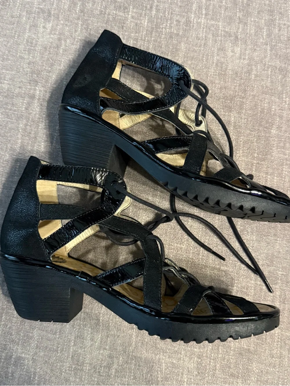 Fly London Black Patent Lace-Up Strappy Heels